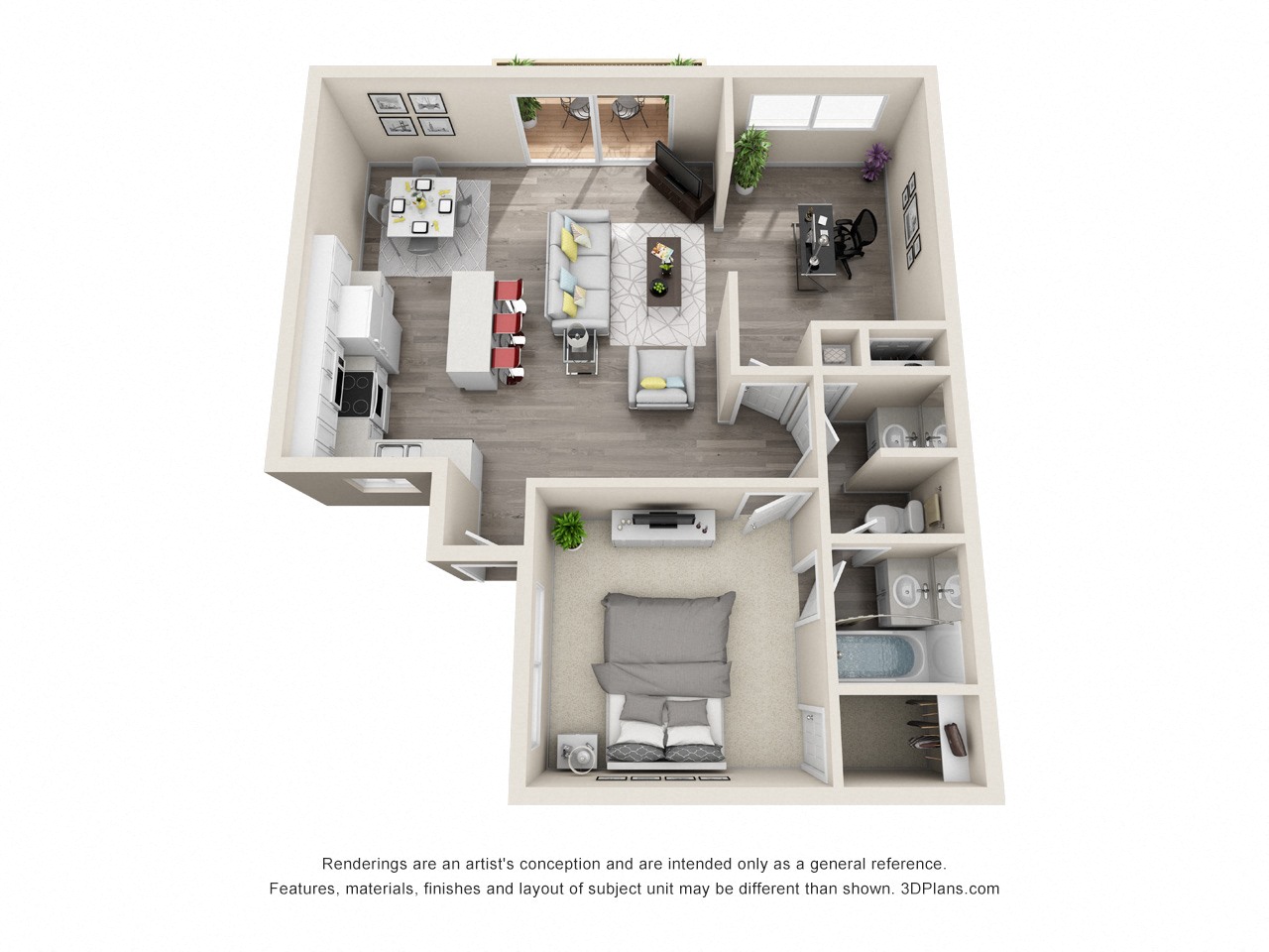 Floor plan for 1 bed, 1 bath, 800 sqft